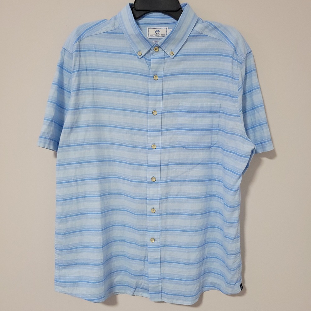 Southern Tide Button Down Shirt Mens Large Blue Striped Linen Rayon Short Sleeve